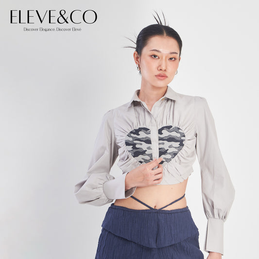 Heart Jacquard Cropped Blouse Shirt Grey