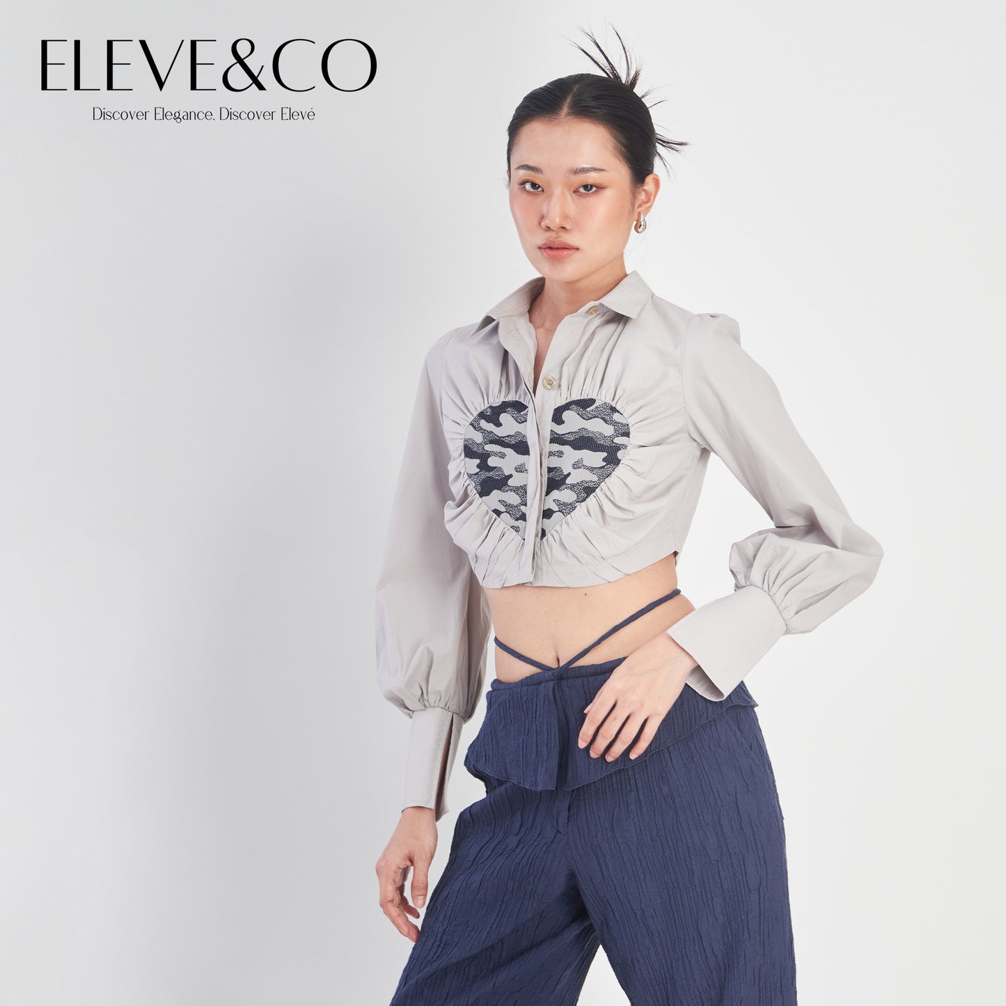 Heart Jacquard Cropped Blouse Shirt Grey