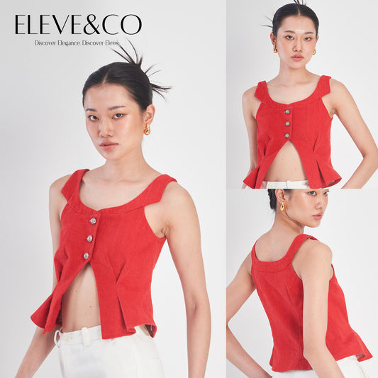 Woman wearing a red sleeveless top with buttons, posing against a white background, featuring the brand 'ELEVE&CO'.