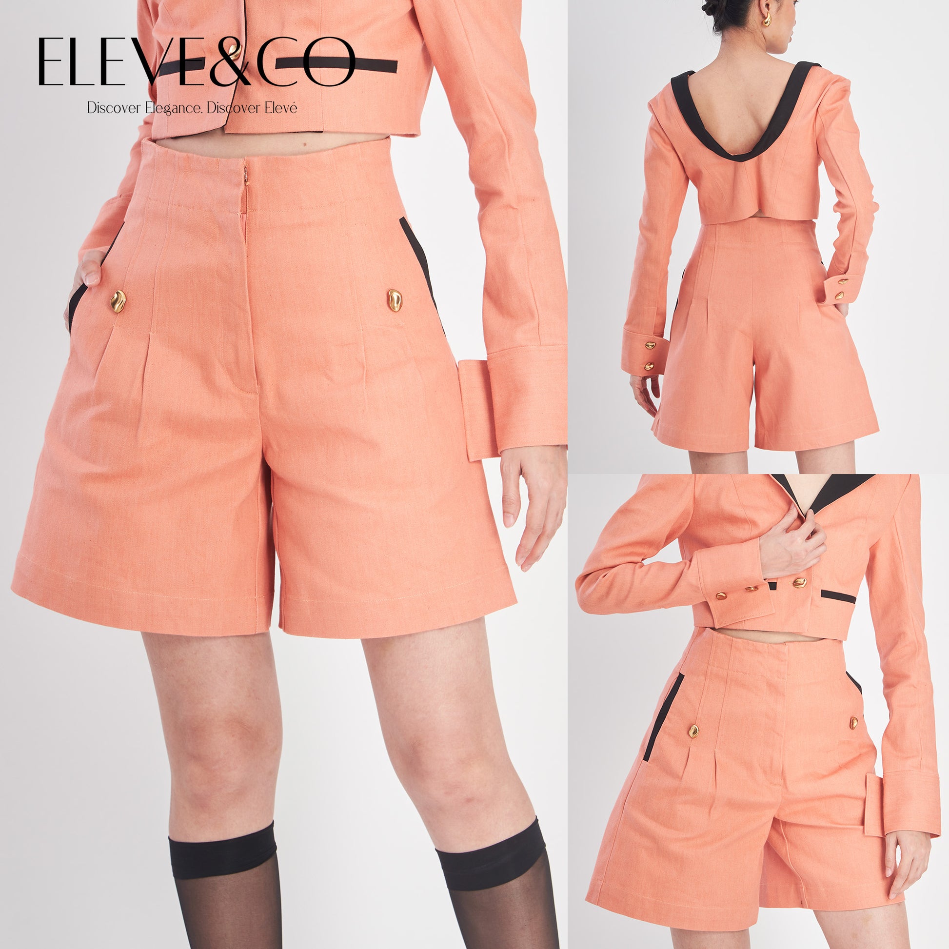 Peach-colored outfit with matching jacket and shorts on a white background, featuring the brand 'ELEVE&CO'.