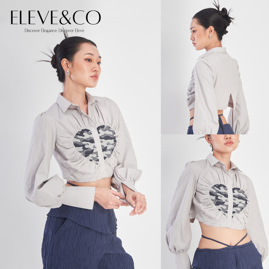Heart Jacquard Cropped Blouse Shirt Grey