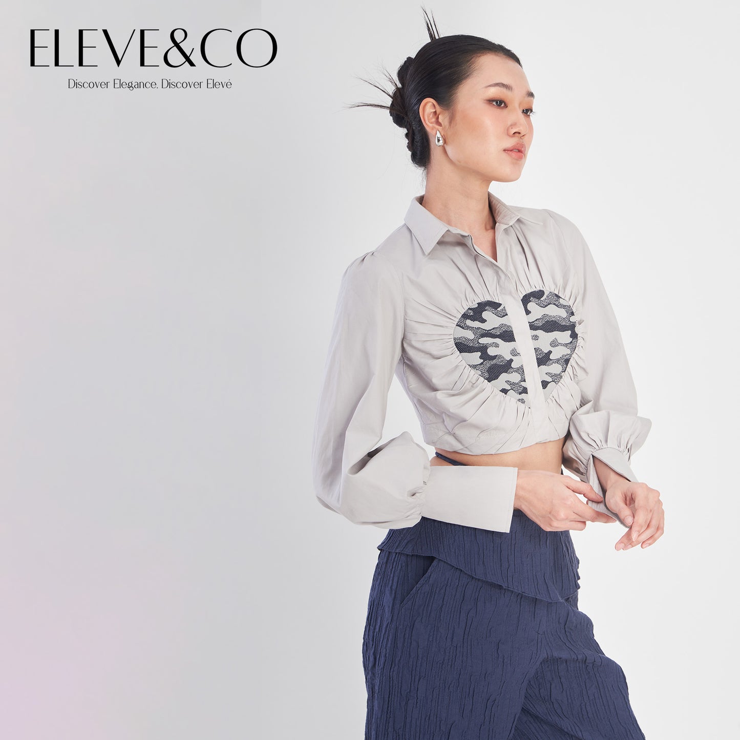 Heart Jacquard Cropped Blouse Shirt Grey