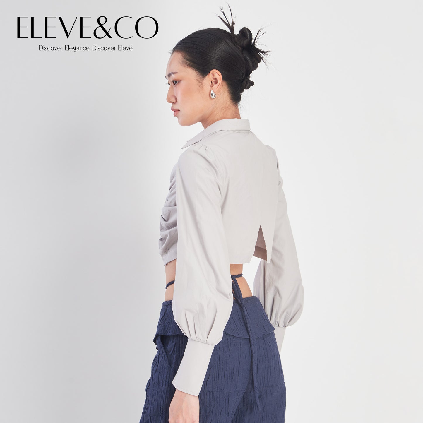 Heart Jacquard Cropped Blouse Shirt Grey