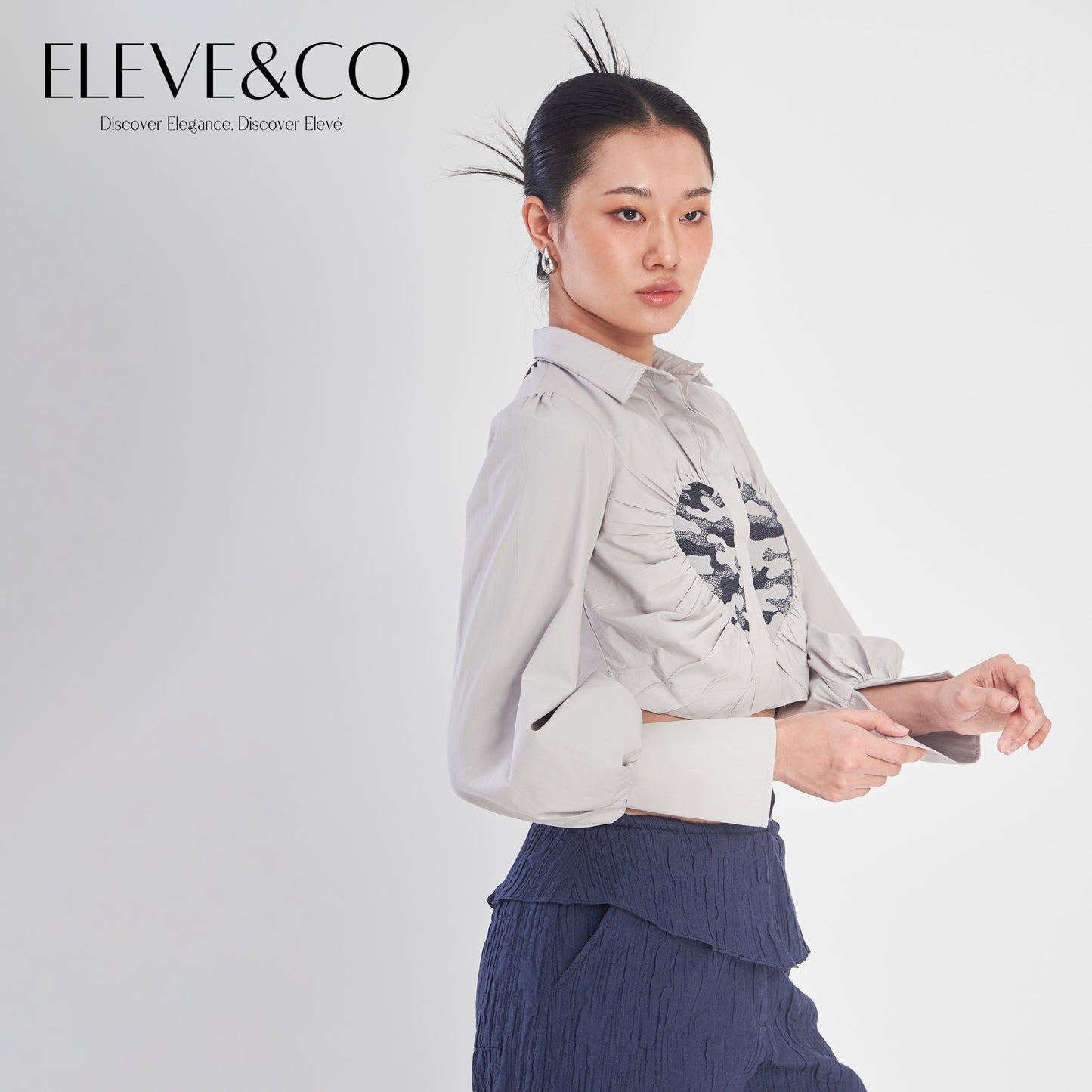 Heart Jacquard Cropped Blouse Shirt Grey