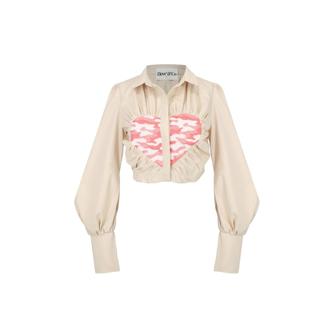 Heart Jacquard Cropped Blouse Shirt Grey