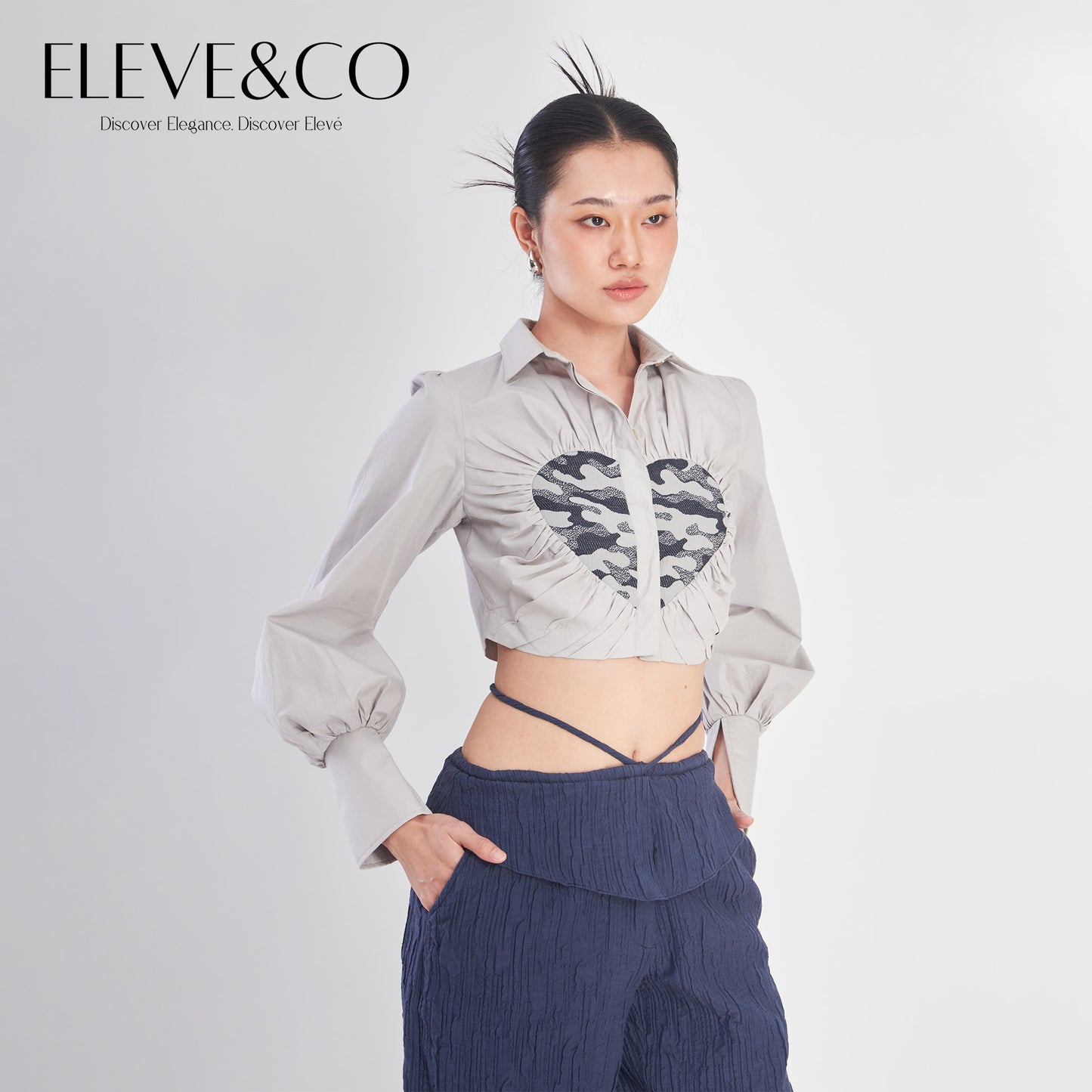 Heart Jacquard Cropped Blouse Shirt Grey