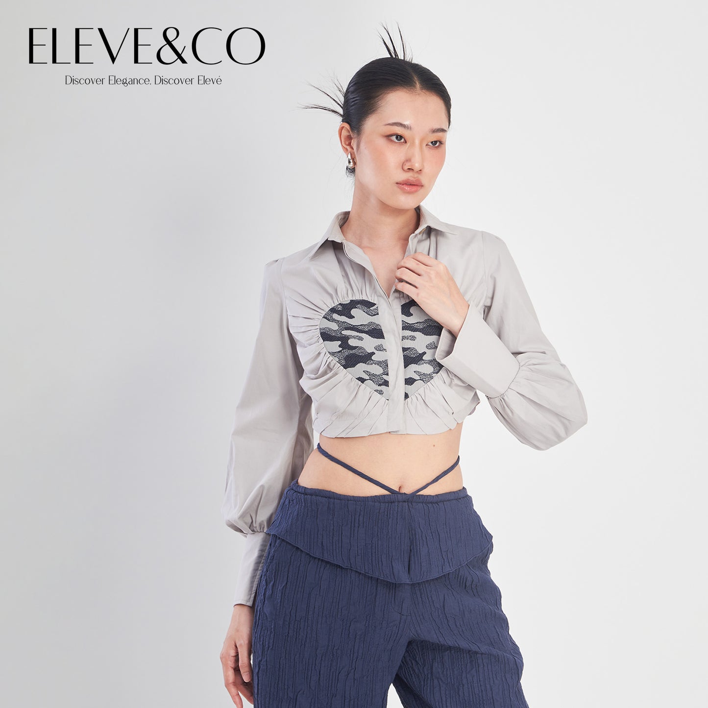 Heart Jacquard Cropped Blouse Shirt Grey