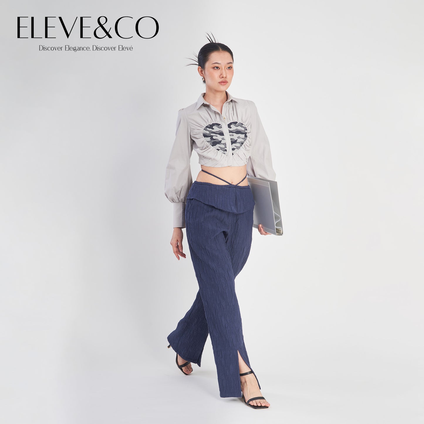 Heart Jacquard Cropped Blouse Shirt Grey