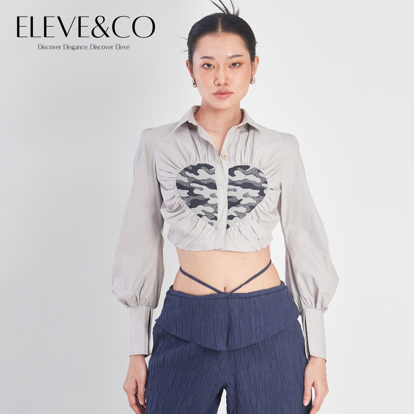 Heart Jacquard Cropped Blouse Shirt Grey